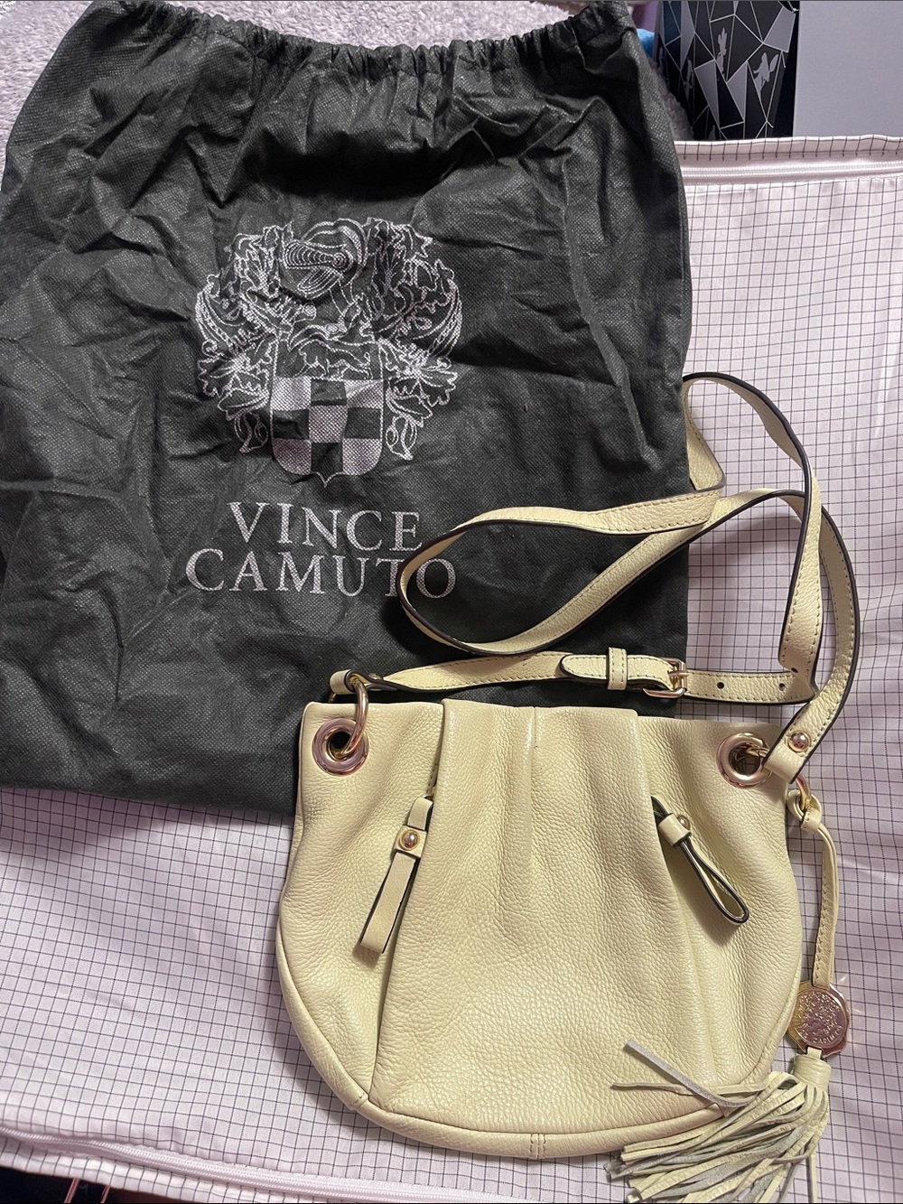Vince Camuto Pale Yellow Leather Crossbody Bag with Tassel